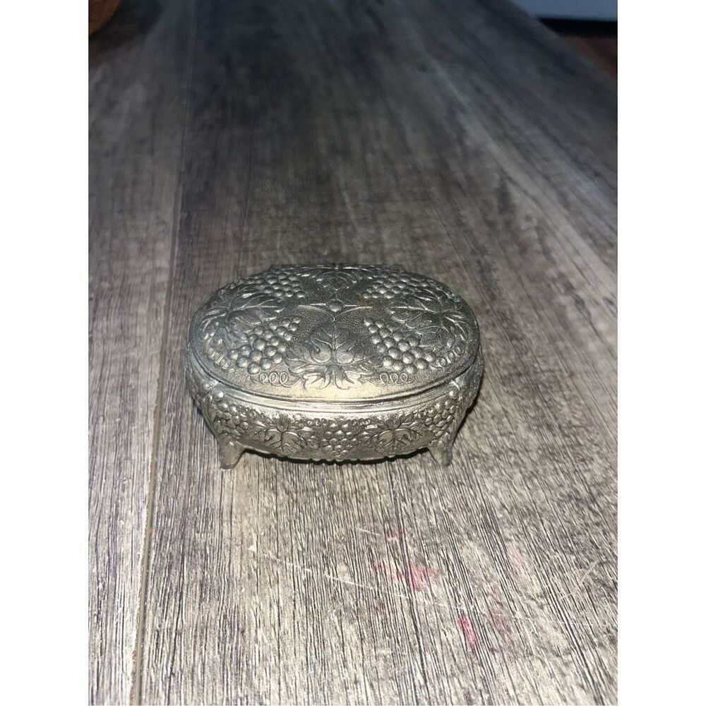 Vintage Footed Jewelry Box with Embossed Grape and Leaf Pattern and Soft Red Int